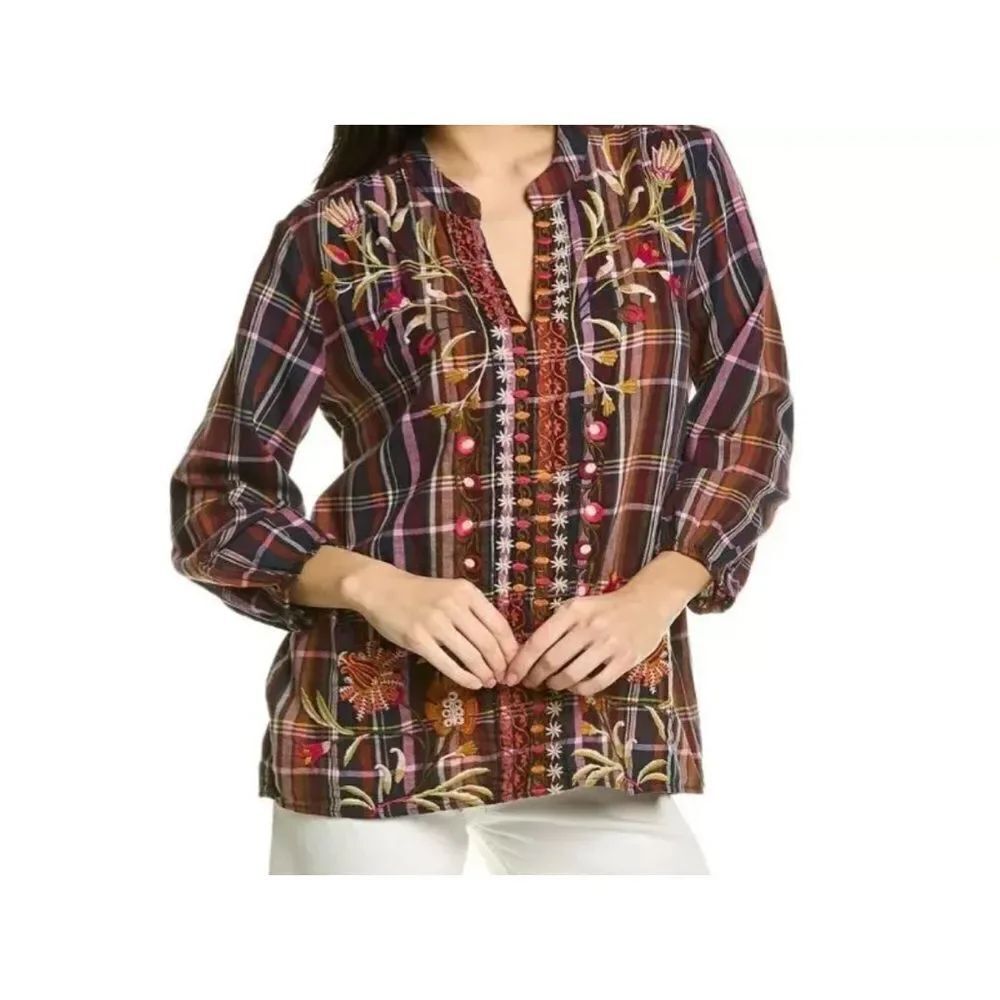 Johnny Was Rosalva Paris 100% Cotton Embroidered Effortless Plaid Blouse SIZE SM